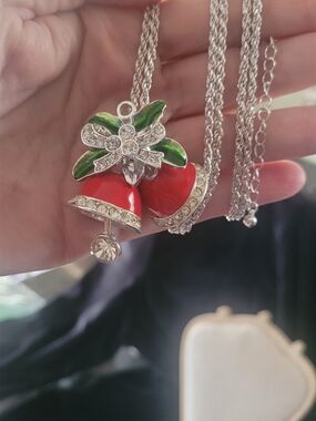 Red Bell Pendant Necklace with Green Accents - Women's Jewelry